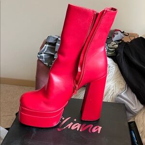 Liliana Red Platform Block Heel Ankle Boots
